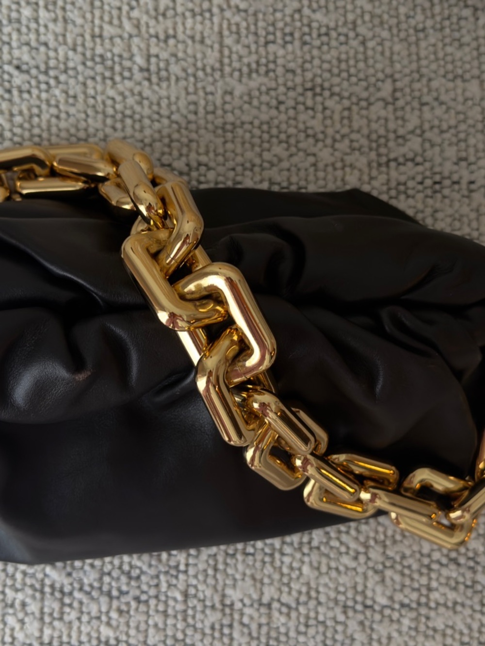 Bottega Veneta Dark Chocolate Leather Padded Clutch with Gold Chain - Picture 2 of 3